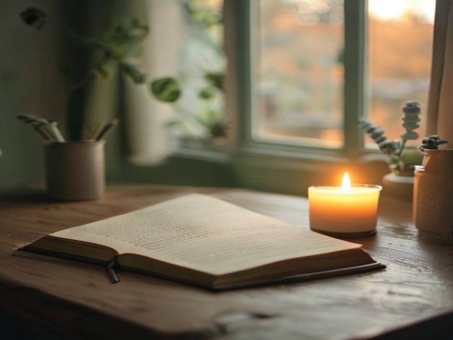 Calm evening workspace with warm lighting and open journal