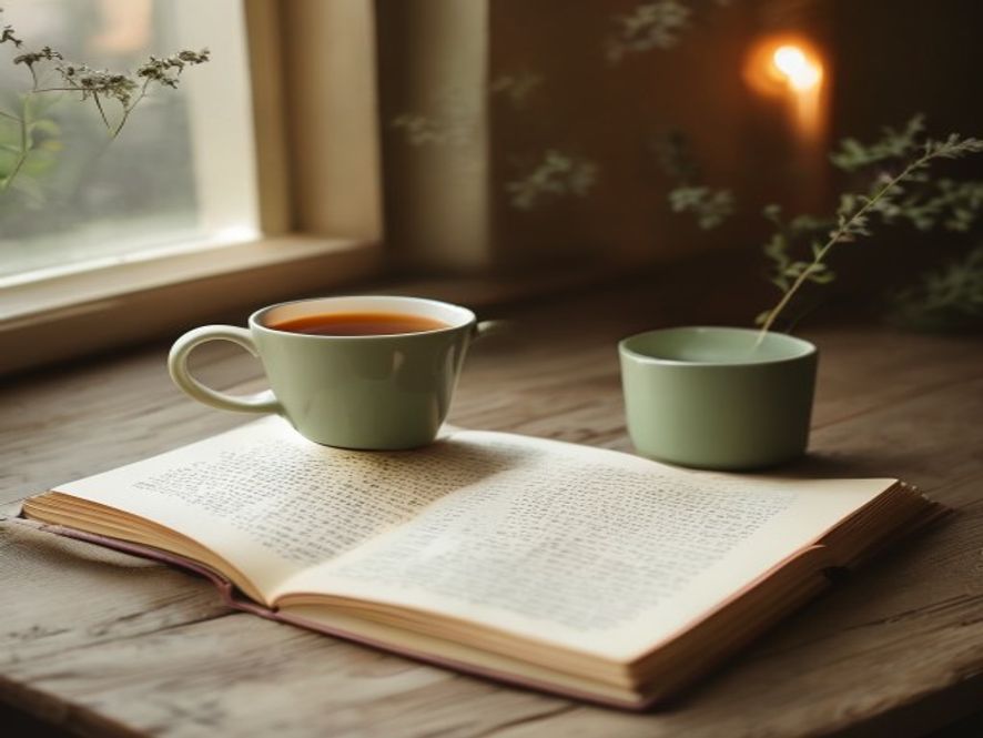 Close-up of herbal tea in ceramic mug with journal nearby